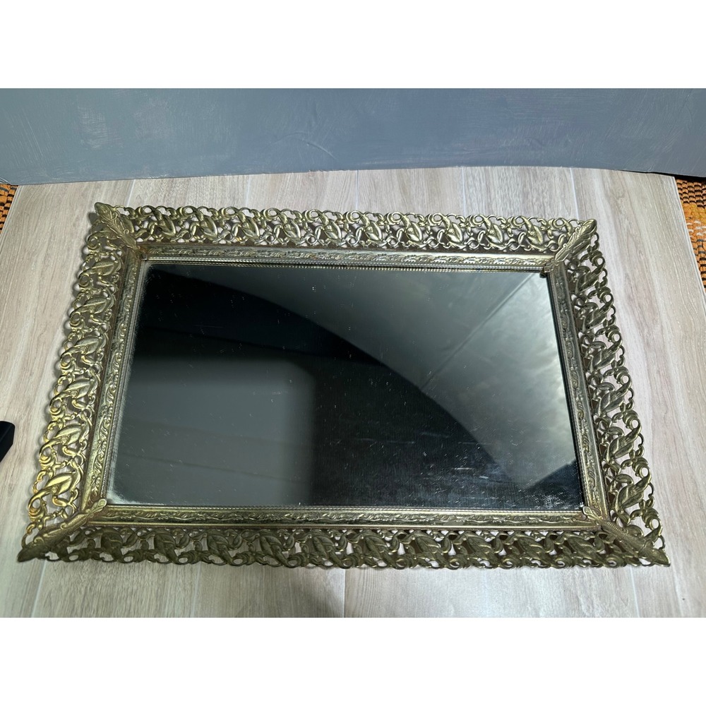 Ornate Gold Tone Vanity Tray Mirror